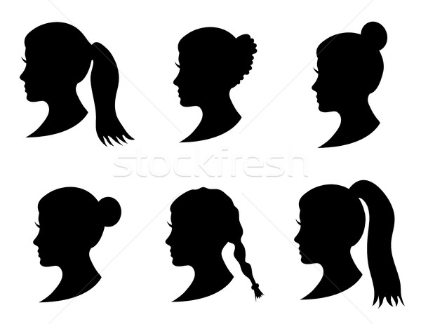 Stock photo: Set of black silhouette girl head with different hairstyle: tail, ponytail, bun, braid hairstyle. Yo