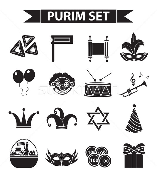 Happy Purim carnival icons set, black silhouette style. Jewish holiday collection signs, symbols, is Stock photo © lucia_fox
