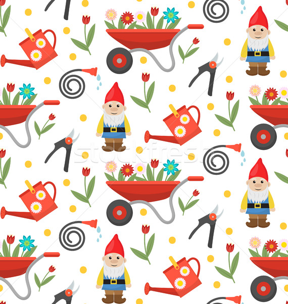 Gardening seamless pattern with gnome, flowers and tools. Spring endless background. Horticulture te Stock photo © lucia_fox