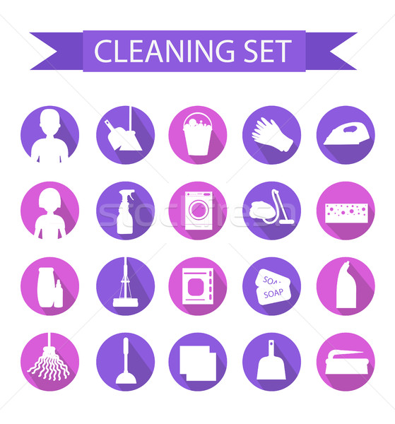 Set of icons for cleaning tools. House cleaning. Cleaning supplies. Flat design style. Cleaning desi Stock photo © lucia_fox