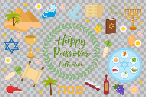 Stock photo: Passover icons set. flat, cartoon style. Jewish holiday of exodus Egypt. Collection with Seder plate