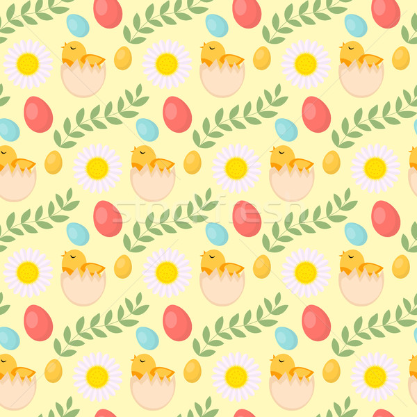 Cute Easter seamless pattern with chick, eggs and flowers, endless backdrop. Holiday background, tex Stock photo © lucia_fox