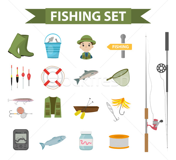 Fishing icon set, flat, cartoon style. Fishery collection objects, design elements, isolated on whit Stock photo © lucia_fox
