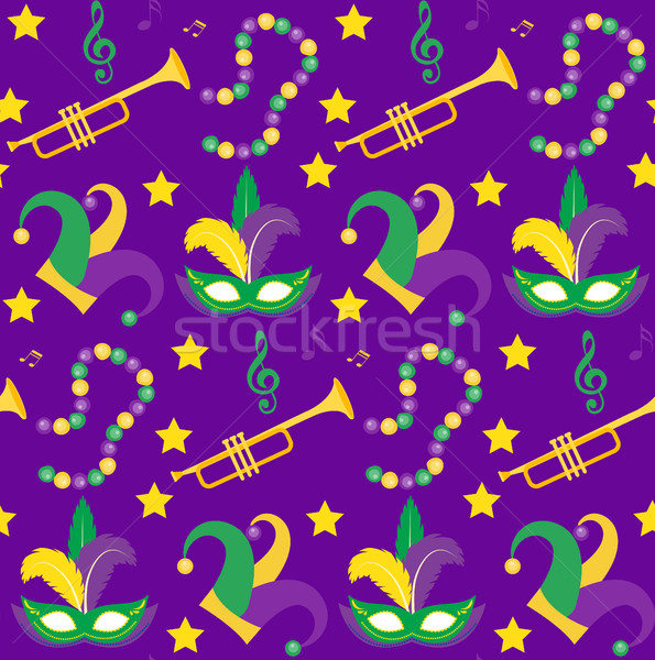 Stock photo: Mardi Gras Carnival seamless pattern with mask feathers, beads.   endless background, texture, wallp