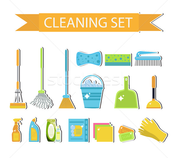 Set of icons for cleaning tools. House cleaning. Cleaning supplies. Flat design style. Cleaning desi Stock photo © lucia_fox