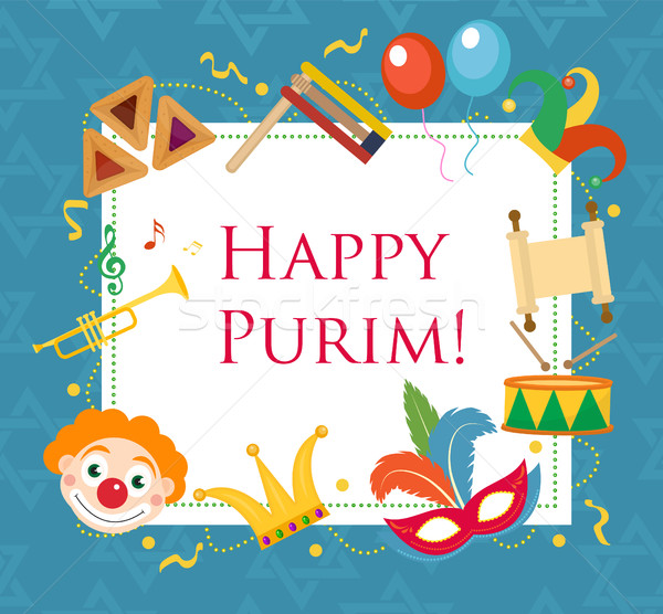 Happy Purim, template greeting card, poster, flyer, frame for text.  Jewish holiday, carnival. Vecto Stock photo © lucia_fox