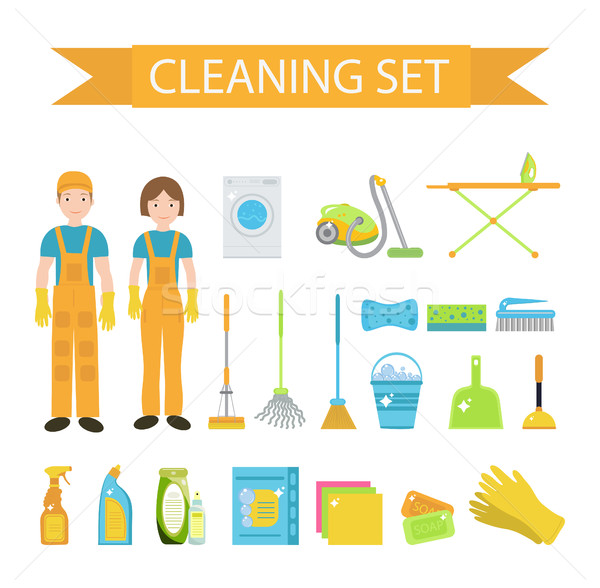 Set of icons for cleaning tools. House cleaning staff. Flat design style. Cleaning design elements.  Stock photo © lucia_fox