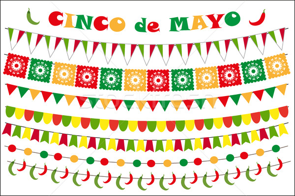 Cinco de Mayo celebration set of colored flags, garlands, bunting. Flat style, isolated on white bac Stock photo © lucia_fox