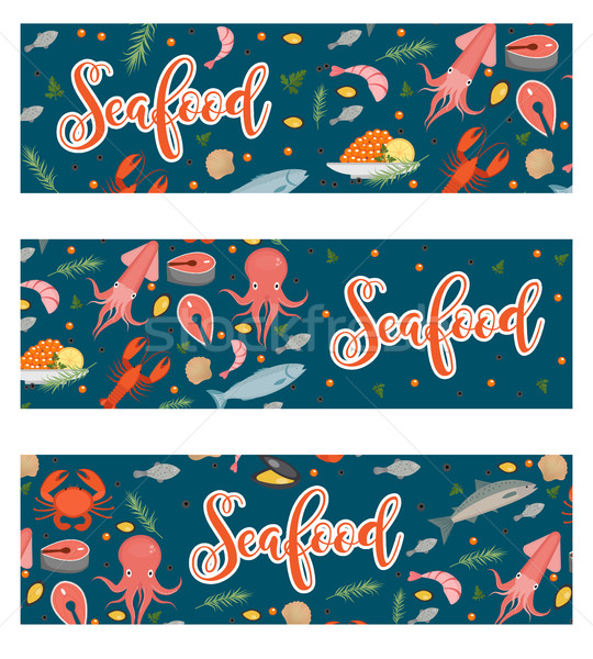 Sea food horizontal banner, flat style. Seafood template for your design. Underwater world,  life. V Stock photo © lucia_fox