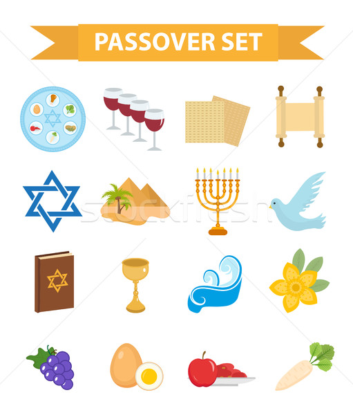 Passover icons set. flat, cartoon style. Jewish holiday of exodus Egypt. Collection with Seder plate Stock photo © lucia_fox