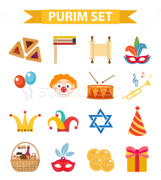 Happy Purim carnival set of design elements, icons.  Jewish holiday, isolated on white background. V Stock photo © lucia_fox