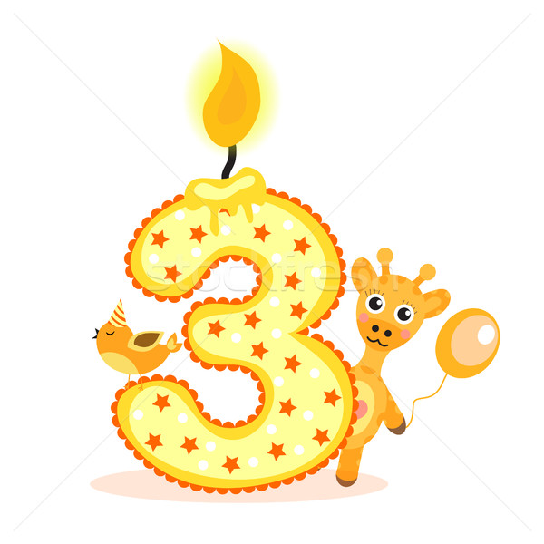 Stock photo: Happy Third Birthday Candle and Animals Isolated on white. The number three. Vector illustration