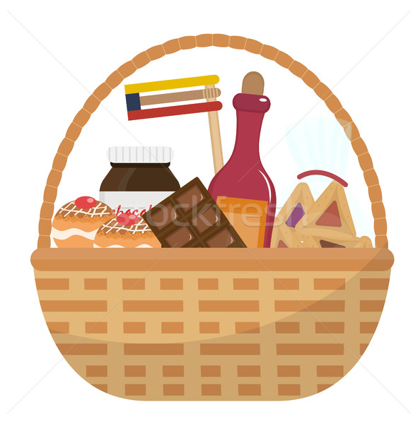 Mishloach manot basket with food treats. Purim holiday gift. Jewish carnival present. Vector illustr Stock photo © lucia_fox