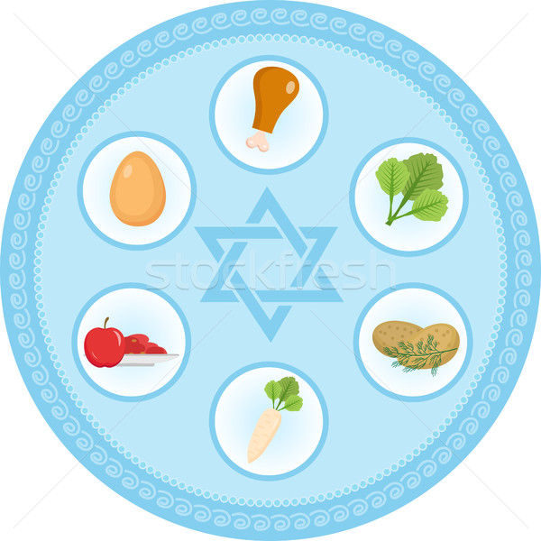 Stock photo: Seder plate of food, flat style. Jewish holiday  Passover. Isolated on white background. Vector illu