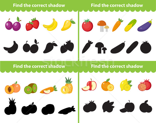Stock photo: Childrens educational game, find correct shadow silhouette. Items for the right shade. Vector illust