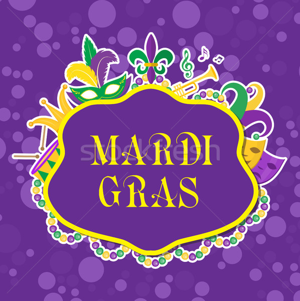 Mardi Gras poster with mask, beads, trumpet, drum, fleur de lis, jester hat, masks, comedy and drama Stock photo © lucia_fox