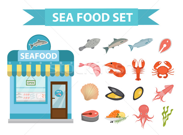 Seafood icons set vector, flat style. Sea food collection isolated on white background. Fish product Stock photo © lucia_fox