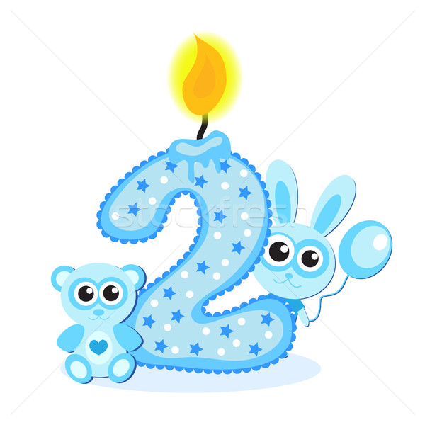 Happy Second Birthday Candle and Animals Isolated on white. The number two. Blue card for boy Stock photo © lucia_fox
