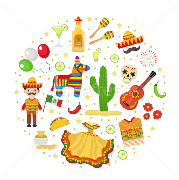 Cinco de Mayo celebration in Mexico, icons set in round shape, design element, flat style. Vector il Stock photo © lucia_fox