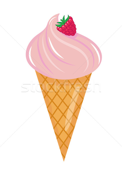 Stock photo: Ice Cream cone with raspberries icon flat cartoon style. Isolated on white background. Vector illust