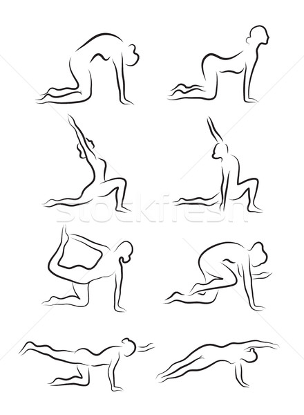 Set of sketches of silhouettes of yoga asanas. The girl is engaged in yoga. vector illustration Stock photo © lucia_fox