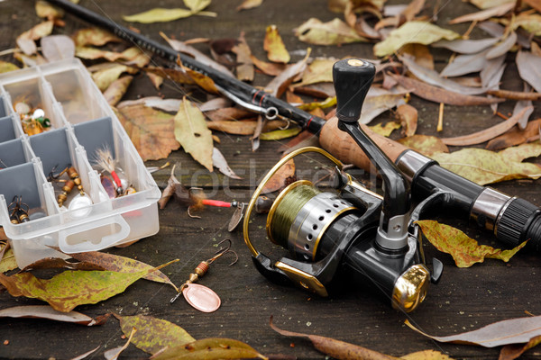 Fishing tackle on wooden surface. Stock photo © luckyraccoon