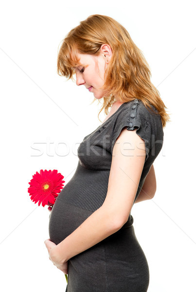 Foto stock: Jovem · mulher · grávida · de · mãos · dadas · barriga · vermelho · flor