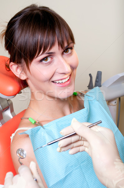 Boldog beteg fogászati szék nő iroda Stock fotó © luckyraccoon