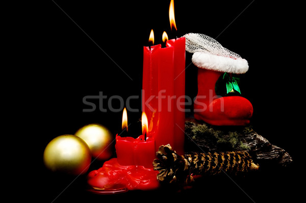 Stock fotó: Karácsony · karácsonyi · üdvözlet · piros · gyertyák · fekete · háttér