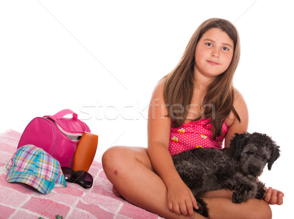 Ragazza costume da bagno spiaggia cane sorridere bruna Foto d'archivio © luissantos84