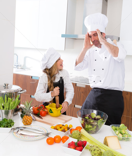 Funny chef master and junior kid girl at cooking school crazy Stock photo © lunamarina