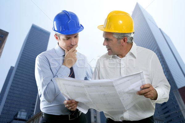 engineer architect two expertise team plan hardhat Stock photo © lunamarina