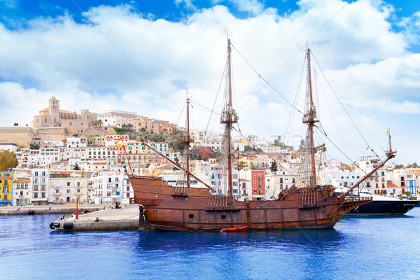 Eivissa ibiza town with old classic wooden boat Stock photo © lunamarina
