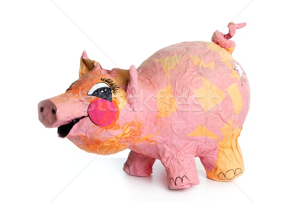 Stock photo: Cute little pink pig cartoon handmade toy on white