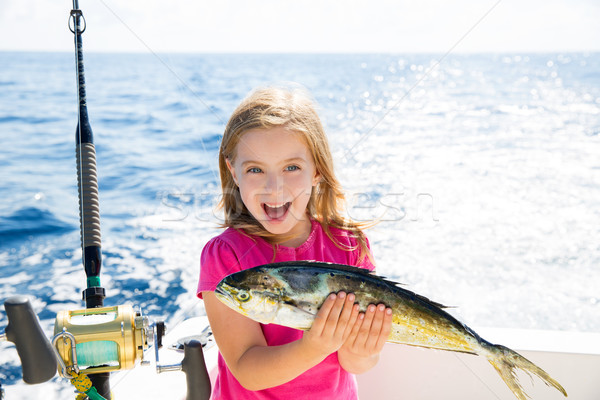 Szőke gyerek lány halászat hal boldog Stock fotó © lunamarina
