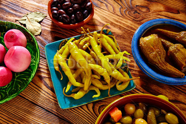 Tapas pickles mix olives chili onion eggplant Stock photo © lunamarina