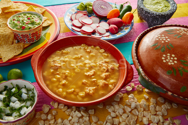 Green Pozole verde with blanco mote corn Stock photo © lunamarina