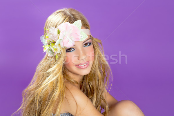Blond prinses mode meisje lentebloemen paars Stockfoto © lunamarina