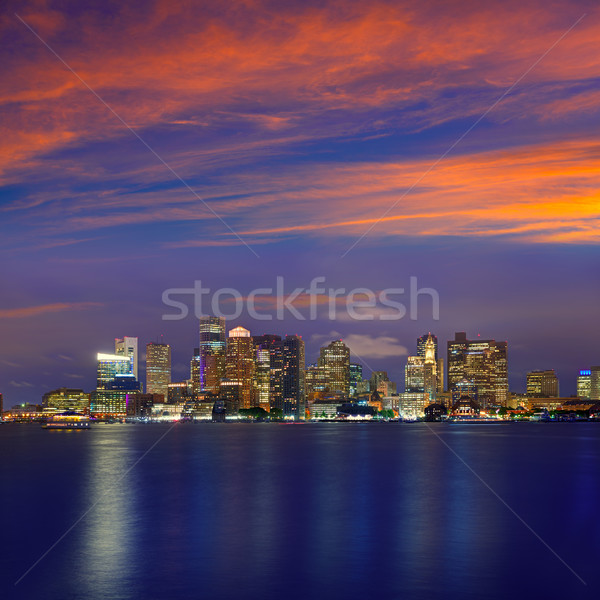 [[stock_photo]]: Boston · Skyline · coucher · du · soleil · rivière · Massachusetts · réflexion