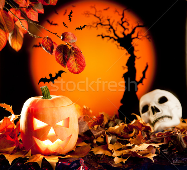 Halloween orange pumpkin on autumn leaves Stock photo © lunamarina