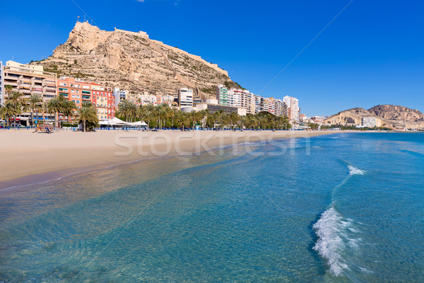 Alicante Postiguet beach and castle Santa Barbara in Spain Stock photo © lunamarina