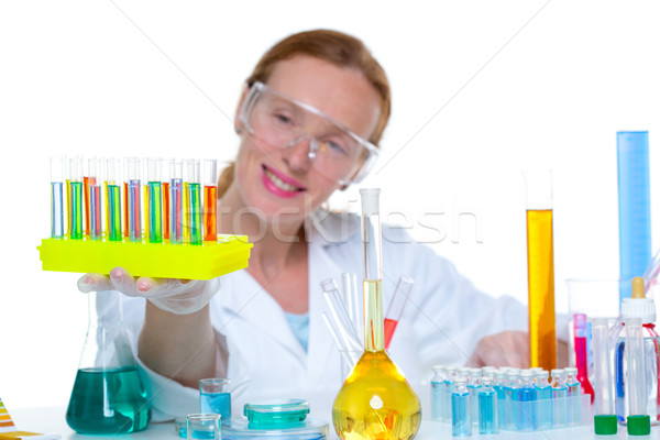 Foto stock: Químico · laboratório · cientista · mulher · test · tube · olhando