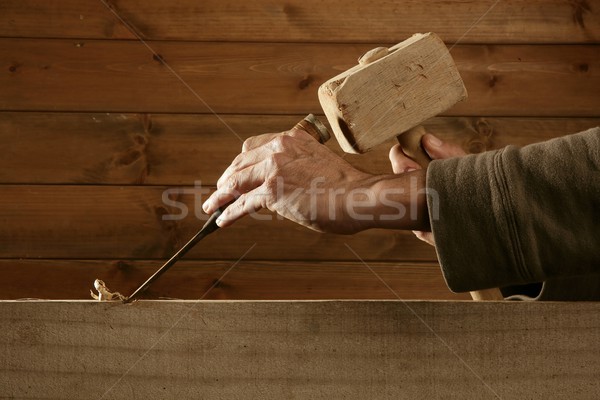 gouge wood chisel carpenter tool hammer hand Stock photo © lunamarina