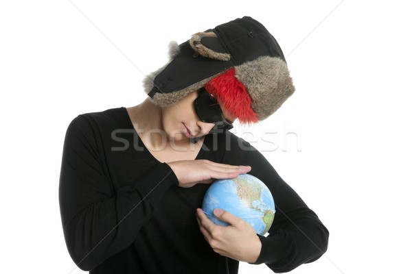 Crazy student boy with global map sphere Stock photo © lunamarina