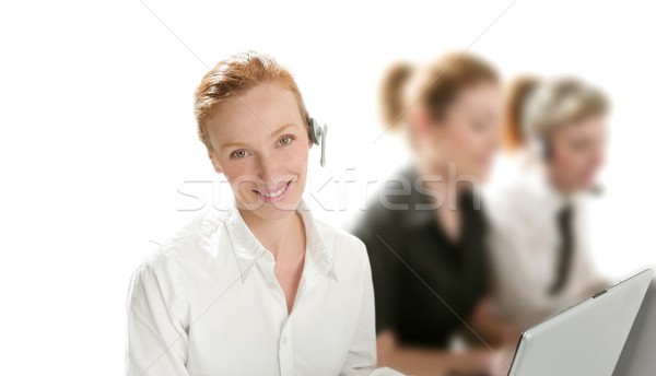 Działalności helpdesk piękna kobieta słuchawki mikro komputera Zdjęcia stock © lunamarina