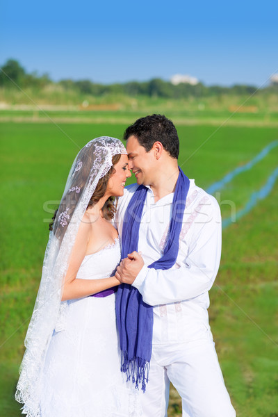 Couple in wedding day hug in green meadow Stock photo © lunamarina