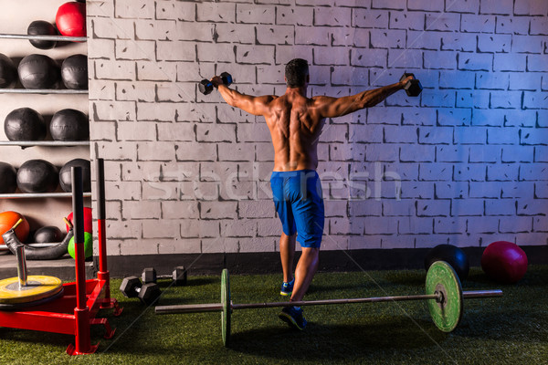 gym man rising hex dumbbells weightlifting rear Stock photo © lunamarina