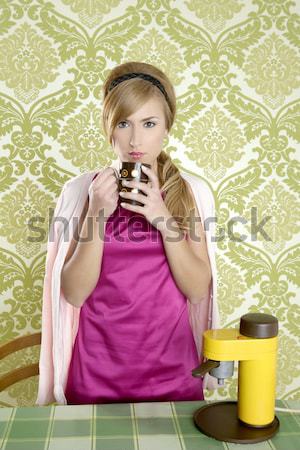 retro woman drinking strawberry milkshake Stock photo © lunamarina