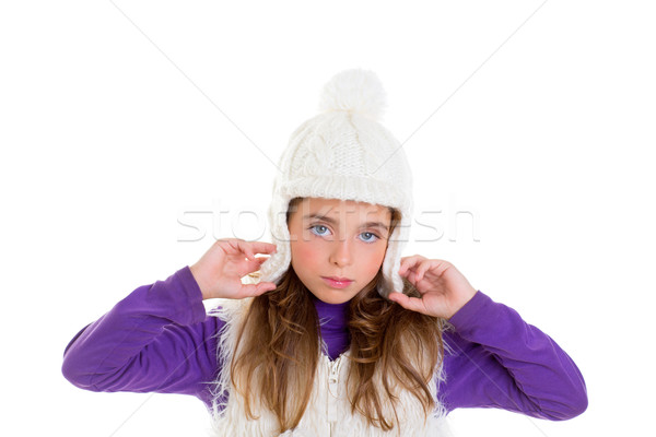 blue eyes child kid girl with white winter cap fur Stock photo © lunamarina