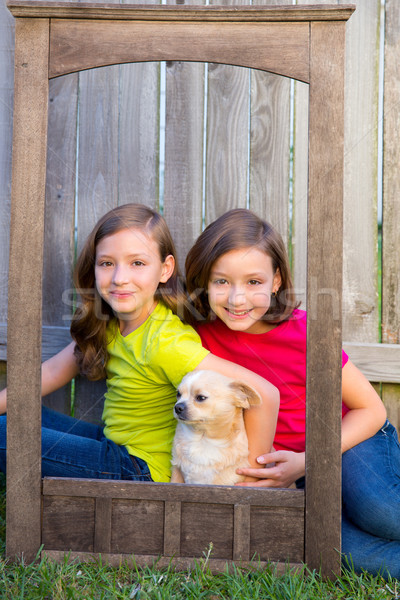 Jumeau soeurs portrait chien grunge bois Photo stock © lunamarina